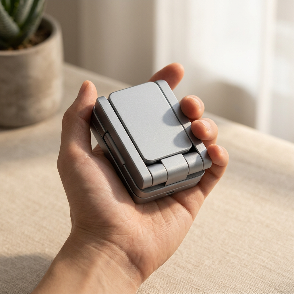 Vayday FoldPad folded flat and held in one hand, showing its compact deck-of-cards size