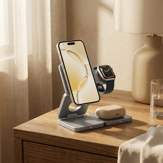 Vayday FoldPad charging an iPhone, Apple Watch and AirPods on a wooden hotel nightstand