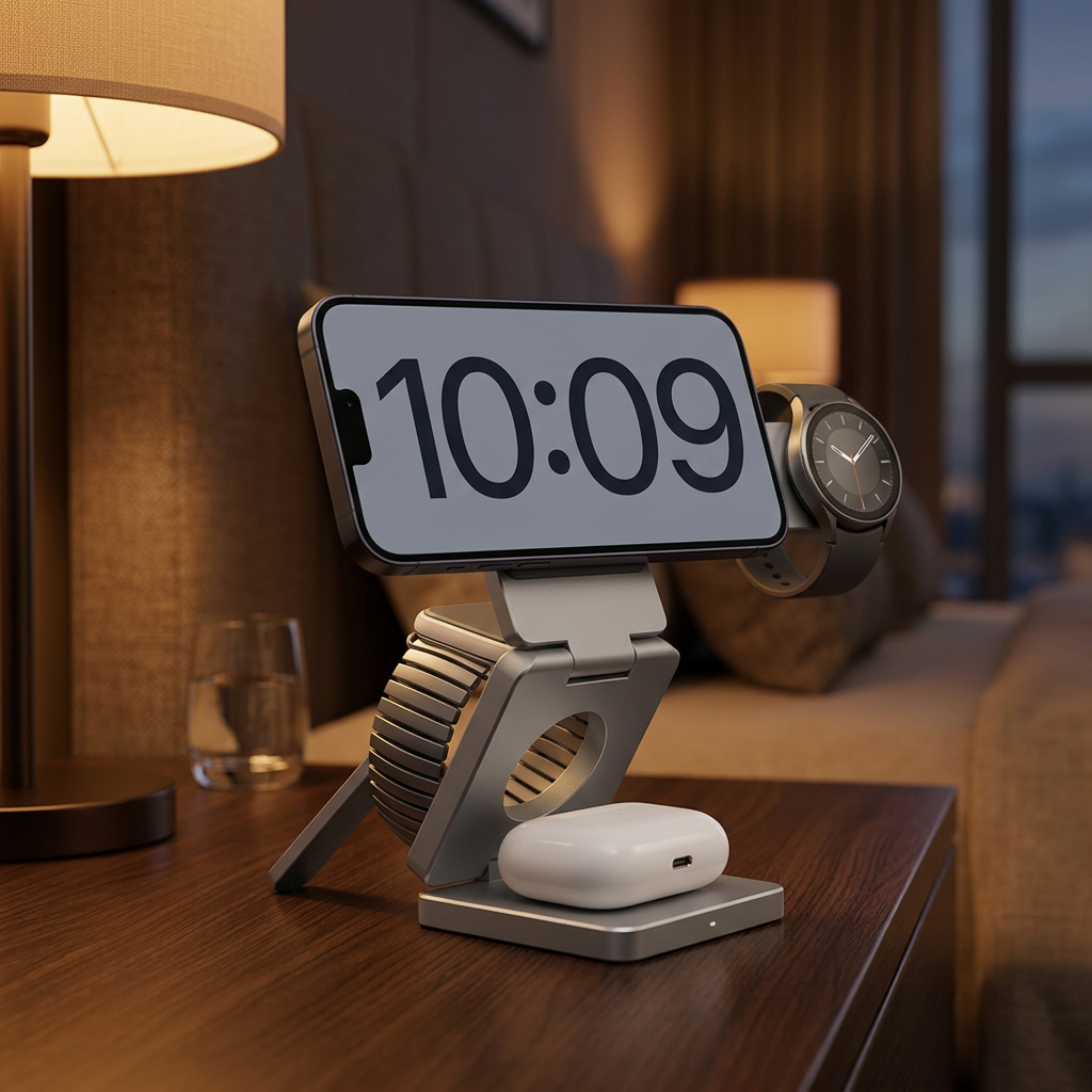 Vayday FoldPad in nightstand clock mode with phone, watch and AirPods charging